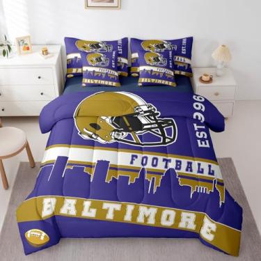 Imagem de Erosebridal Jogo de cama solteiro com estampa de futebol americano, futebol americano, 7 peças, roxo, para decoração de quarto, bola esportiva, competição (Baltimore)