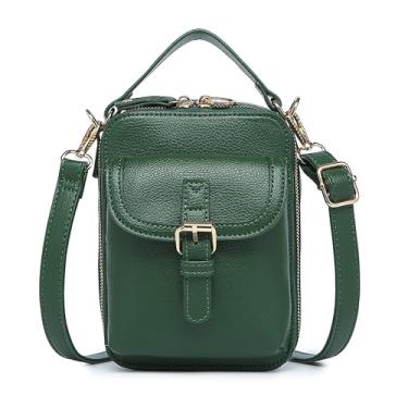 Imagem de GISMTR Bolsa tiracolo de couro feminina, bolsa carteiro vintage, bolsas de ombro antirroubo de grande capacidade com 10 compartimentos para cartão, Verde