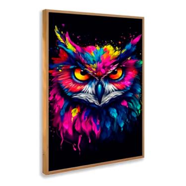 Imagem de Quadro Decorativo Coruja Colorida Olhar Intenso Arte Moderna Estilo Pop Vibrante Fundo Preto Impactante Com Moldura