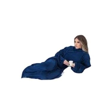 Imagem de Cobertor com Mangas e Capuz em Microfibra, 170x90 cm, Rosa, Fechamento nas Costas, para Inverno (Azul Marinho)
