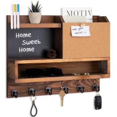 Imagem de FIPUTE Porta-chaves e correio para decoração de parede, correio e organizador de chaves com quadro de cortiça e quadro-negro, decoração de casa montado na parede para entrada de quarto (B) (marrom)