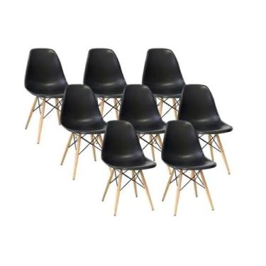 Imagem de Kit 8 Cadeiras Eiffel Charles Eames Pretas, Base de Madeira – Design Moderno – Cozinha – Sala de Jantar, Escritório