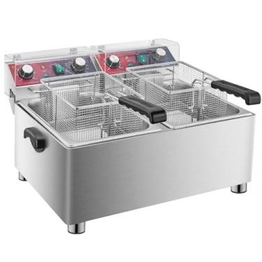 Imagem de Mvegoiuok Fritadeira dupla comercial com 2 cestos fritadeira grande 3600W panela elétrica a óleo para uso doméstico Fritadeira de peixe 25QT com filtragem de óleo Frier de aço inoxidável