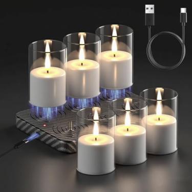 Imagem de GenSwin Velas votivas recarregáveis operadas a pilha, pacote com 6 velas de LED com base de carregamento, luzes de chá de acrílico com temporizador 6H para decorações de Halloween (transparente)