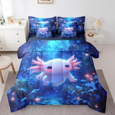 Imagem de Erosebridal Jogo de cama fofo Axolotl com desenho animado de animais sonhadores, salamandra, rosa, kawaii, axolotl, conjunto de cama solteiro, 7 peças, para crianças, adolescentes, vida selvagem,
