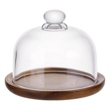 Imagem de NBEADS Mini suporte de bolo de madeira de acácia com cúpula de vidro, tampa pequena cloche transparente para bolo de vidro com base para presentes de cozinha, 15 x 15 x 12 cm