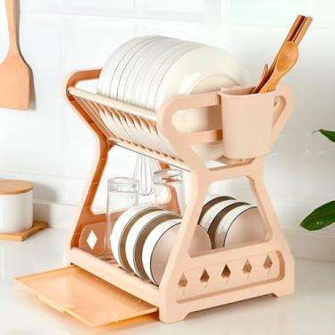 Imagem de Escorredor de Louças com Bandeja Removível – Organizador para Pia, 12 Pratos, Pés Antiderrapantes, Cozinha Moderna em Plástico Resistente – Cor Bege
