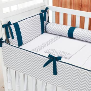 Imagem de Kit Berço Americano 6 Peças Contemporâneo Chevron Azul Marinho - Loja 