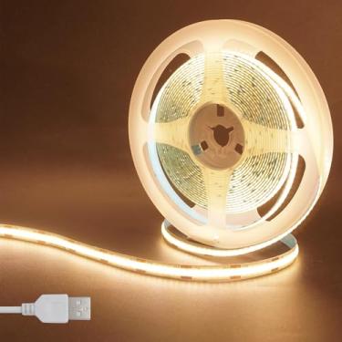 Imagem de Clearhill 2 pacotes de fitas de luzes LED COB USB 5V, 2 m, branco quente 3000K, 320LEDs/M, largura de 8 mm, não é à prova d'água IP20, cabo USB de 1 m, fita de LED flexível para decoração de