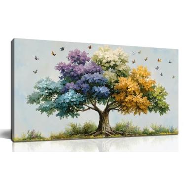 Imagem de Kepgonegu Arte de parede grande árvore da vida para sala de estar impressões em tela de paisagem arte de borboleta colorida para quarto, casa, escritório, tamanho 50 x 101 cm