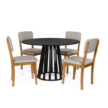 Imagem de Mesa de Jantar Redonda Gabi Preta com 4 Cadeiras Estofadas Ella Cinza 