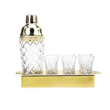 Imagem de Kit Coqueteleira Elegante de Vidro com Tampa e Bandeja em Aço Inox e 6 Copos, Cromus