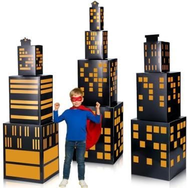 Imagem de Sabary 10 caixas grandes de lembrancinhas de festa de herói, caixas de fundo de cidade de arranha-céus, tema de herói, cenário de fotografia, horizonte da cidade, edifícios, peça central para