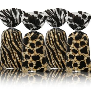 Imagem de Sacos de brindes de celofane de animais selvagens, 50 peças, estampa de vaca e zebra, bolsa de lembrancinhas de festa de safári de plástico com laços torcidos prateados para festa de aniversário