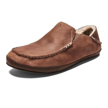 Imagem de OLUKAI Moloa Slipper, sapatos masculinos de couro premium, forro macio de couro genuíno e inserção de gel, salto embutido e conforto durante todo o dia, Toffee/Dk Wood, 41
