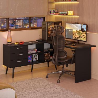 Imagem de Escrivaninha Em L Mesa Para Computador Gamer 3 Gavetas Preto Lisboa Madesa
