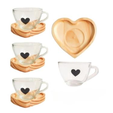 Imagem de Xícara de Vidro 90ml com Pires de Madeira – Design Moderno e Resistente, Ideal para Café Expresso, Chá e Cantinho do Café (4 XIC CAFÉ PRETA+PIRES CORAÇÃO)