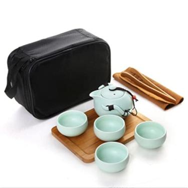 Imagem de Conjunto de chá, conjunto de chávenas de café, conjunto de chávenas de chá, portátil, viagem, bule de chá de cerâmica chinês feito à mão e 4 xícaras de chá de bambu Teatray