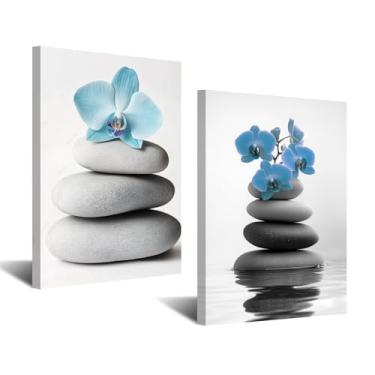 Imagem de CXHOSTENT Arte de parede Zen 2 peças imagem de pedra orquídea impressão em tela spa banheiro pintura para meditação, sala de ioga, escritório, casa emoldurada (azul-petróleo, 28 x 35 x 2 peças)