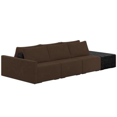 Imagem de Sofá Ilha Modular Para Sala 342cm com Puff Dublin K01 Veludo Marrom e Sintético Preto - Lyam Decor