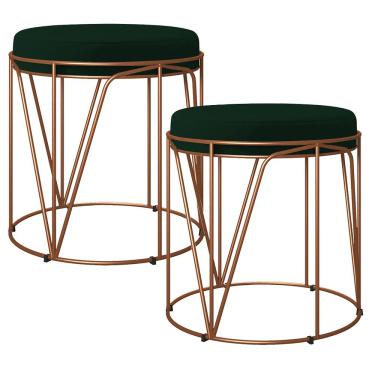 Imagem de Kit 02 Puffs Decorativo Aramado Bronze Zaya L02 Suede Verde Musgo - Lyam Decor