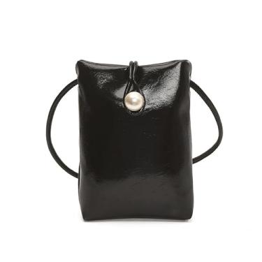 Imagem de Bolsa feminina transversal para celular, pequena bolsa de ombro com botão pérola, mini bolsa carteira de couro macio para cartões e itens essenciais, Preto, Bolsas transversais
