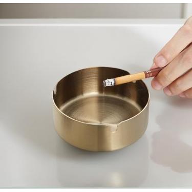 Imagem de Cinzeiro doméstico, cinzeiro de aço inoxidável para uso interno ou externo, suporte de cinzeiro de mesa inquebrável para casa, fora do escritório, pátio, varanda (pequeno dourado)