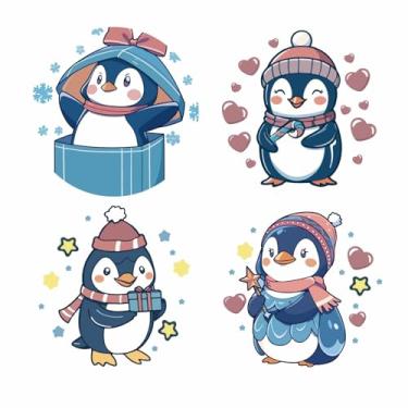 Imagem de GORGECRAFT Decalques de janela de pinguim de 4 estilos 15 x 15 cm decalque de porta deslizante estática animal coração de inverno chapéu de capuz caixa de presente laço adesivo de vidro aderente