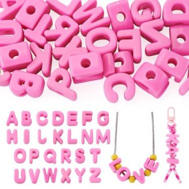 Imagem de Beadthoven 26 peças 26 contas de acrílico letras grandes plástico rosa 3D A-Z alfabeto letra amuleto misto bloco do alfabeto bolha contas de letras para chaveiro faça você mesmo, pulseira para fazer