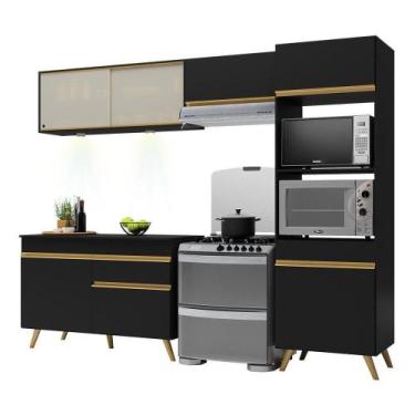 Imagem de Armário De Cozinha 252cm Com Leds Multimóveis Preto/dourado - MULTIMOV