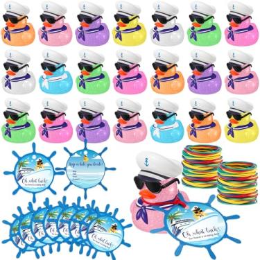 Imagem de Halloscume Kit de cruzeiro de 72 peças inclui 24 mini patos de borracha com glitter de cruzeiro com óculos de sol, 24 etiquetas de pato, 24 faixas elásticas de borracha para bagagem de cruzeiro