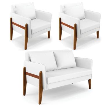 Imagem de Kit 1 Sofá Namoradeira E 2 Poltronas Lana Corino Base De Madeira - D'Rossi Branco