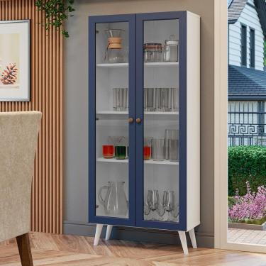 Imagem de Cristaleira 70 Cm 2 Portas De Vidro Com Pés Cônicos Branco-azul-branco Vik Madesa