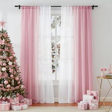Imagem de Cortinas transparentes ombré rosa de 227 cm de comprimento para decoração de sala de estar e quarto, conjunto de 2 painéis de cortina de chiffon enrugados gradiente para quarto de meninas, cortinas
