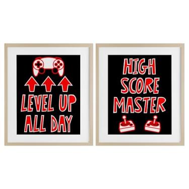 Imagem de Stupell Industries Level Up High Score Gamer 2 peças Impressão emoldurada de bétula sob o conjunto de vidro, design por Marcus Prime, 21 x 17