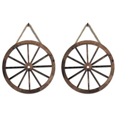 Imagem de 2 peças Decoração de roda de carrinho de madeira Ocidental Vaqueiro Decorações de festa Vintage Rústico Roda Parede Pendurar Madeira Roda Decoração para Jardim Bar Pátio Garagem Quinta (2 peças)