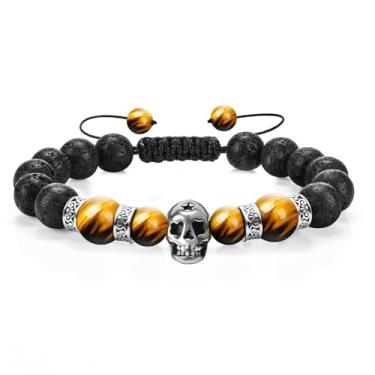 Imagem de RGEMCY Pulseira de caveira unissex ajustável, olho de tigre premium, cinábrio e pedra vulcânica 8 mm contas amarradas à mão - presente de aniversário, aniversário de menino adolescente, presente de