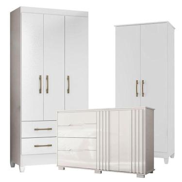 Imagem de Guarda Roupa Infantil Lima Com Cômoda Texas E Armário Multiuso Jade Branco Brilho - Moval