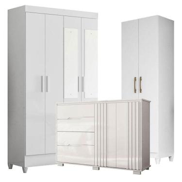 Imagem de Guarda Roupa Com Espelho Infantil Sobral Com Cômoda Texas E Armário Multiuso New íris Branco Brilho - Moval