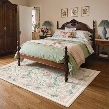 Imagem de Bavni Tapetes de área para sala de estar, microfibra lavável à máquina tapete floral vintage antiderrapante, tapete leve de pelo baixo para quarto, sala de jantar, escritório em casa, bege e rosa