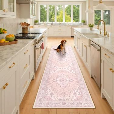 Imagem de RELEANY Tapetes de área de 6 x 20 cm, lavável, antiderrapante, estampa floral, vintage, tapete medalhão para sala de estar, quarto, sala de jantar, rosa, cinza, rosa fofo