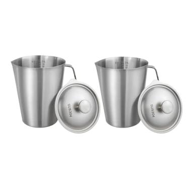 Imagem de Pacote com 2 jarra de água de aço inoxidável 304 com tampa, jarro de metal de 2 L com tampa copo medidor de boca larga com marcações de escala dupla para misturar, assar, café, preparação de cozinha