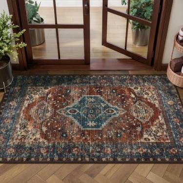 Imagem de Tangsoo Tapete vintage 5 x 10 lavável para entrada azul antiderrapante tapete de área pequena, azul escuro laranja interior porta da frente azul ferrugem