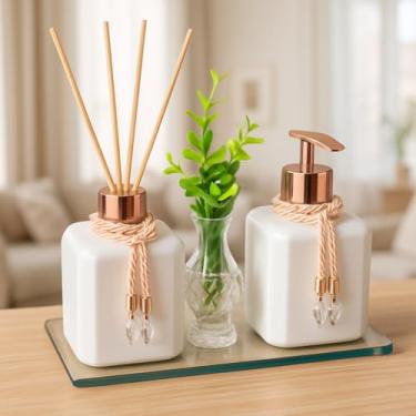 Imagem de Kit Lavabo Banheiro Luxo com Aromatizador, Saboneteira 300ml, Vaso Decorativo e Bandeja Moderna(Branco com Rose)