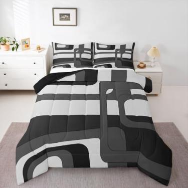 Imagem de jejeloiu Conjunto de edredom geométrico, tamanho casal, arte moderna, para crianças, meninos, meninas, preto e cinza, edredom de luxo para decoração de quarto de microfibra, 3 peças com 2 fronhas