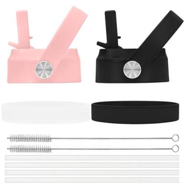 Imagem de TQONEP Tampa de canudo boca larga, tampas de substituição com canudos para garrafas de água de boca larga de 940 ml, acessórios de tampas de garrafa esportiva com alça (preto + rosa, pacote com 2)