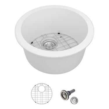 Imagem de Logmey Pia de barra composta de granito branco 45,5 x 45,78 cm de quartzo, tigela única sob o balcão pias de cozinha de 23 cm de profundidade, 45 x 45 x 23 cm, redonda