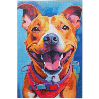 Imagem de Quebra-cabeça de pintura laranja Pitbull cachorro adultos 1000 peças paisagem arte animal arte divertida quebra-cabeça personalizado engraçado, 75 cm x 50 cm