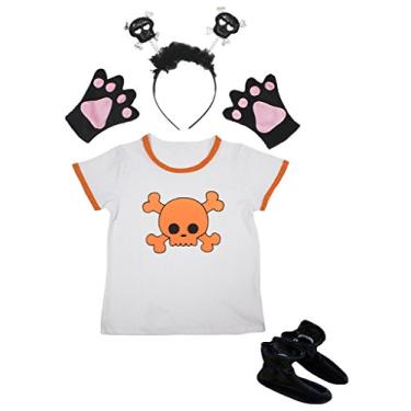 Imagem de Petitebella Camisa de crânio laranja caveira tiara luva sapatos crianças 4 peças fantasia (5-6 anos)