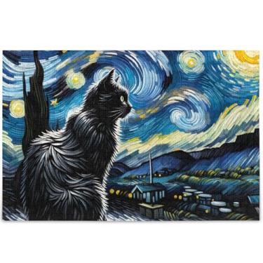 Imagem de Quebra-cabeça adulto floral noite estrelada gato 500 peças presentes amigos família jogos presentes Prime família quebra-cabeça personalizado brinquedo artístico, 52 cm x 37,8 cm